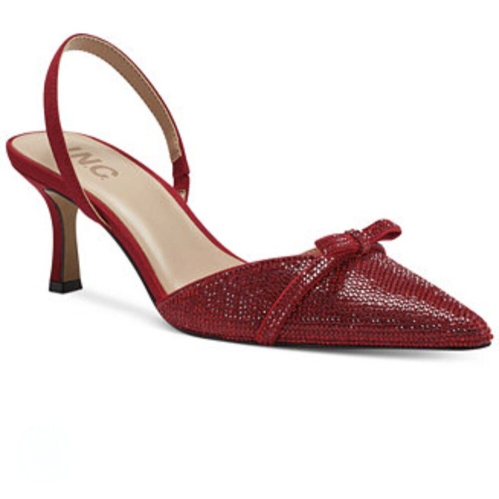 INC Red Gelsey Pointed Toe Slingback Kitten Heel Shoe 11M Rhinestone Holidays